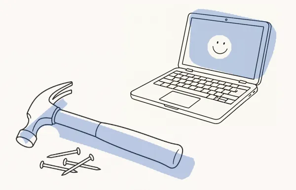 Illustration of a laptop with a smiley face beside a hammer and nails, representing Bits & Bolts handyman and tech support services