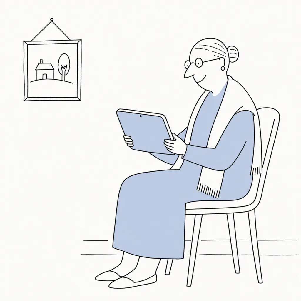 A senior woman smiling as she uses a tablet